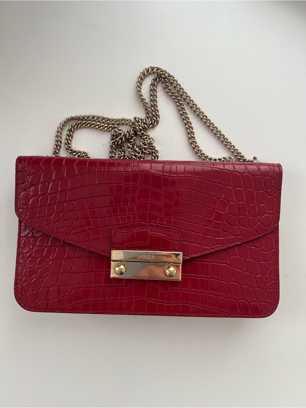 Furla Red Croc-Embossed Chain Crossbody/Shoulder Bag
